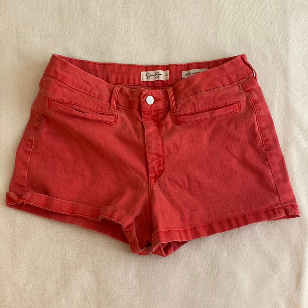 High Rise Coral Pink Denim Shorts